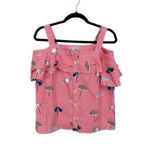 Draper James Top S Summer Umbrella Cotton Stripes Beach Ruffle Cold Shoulder Red